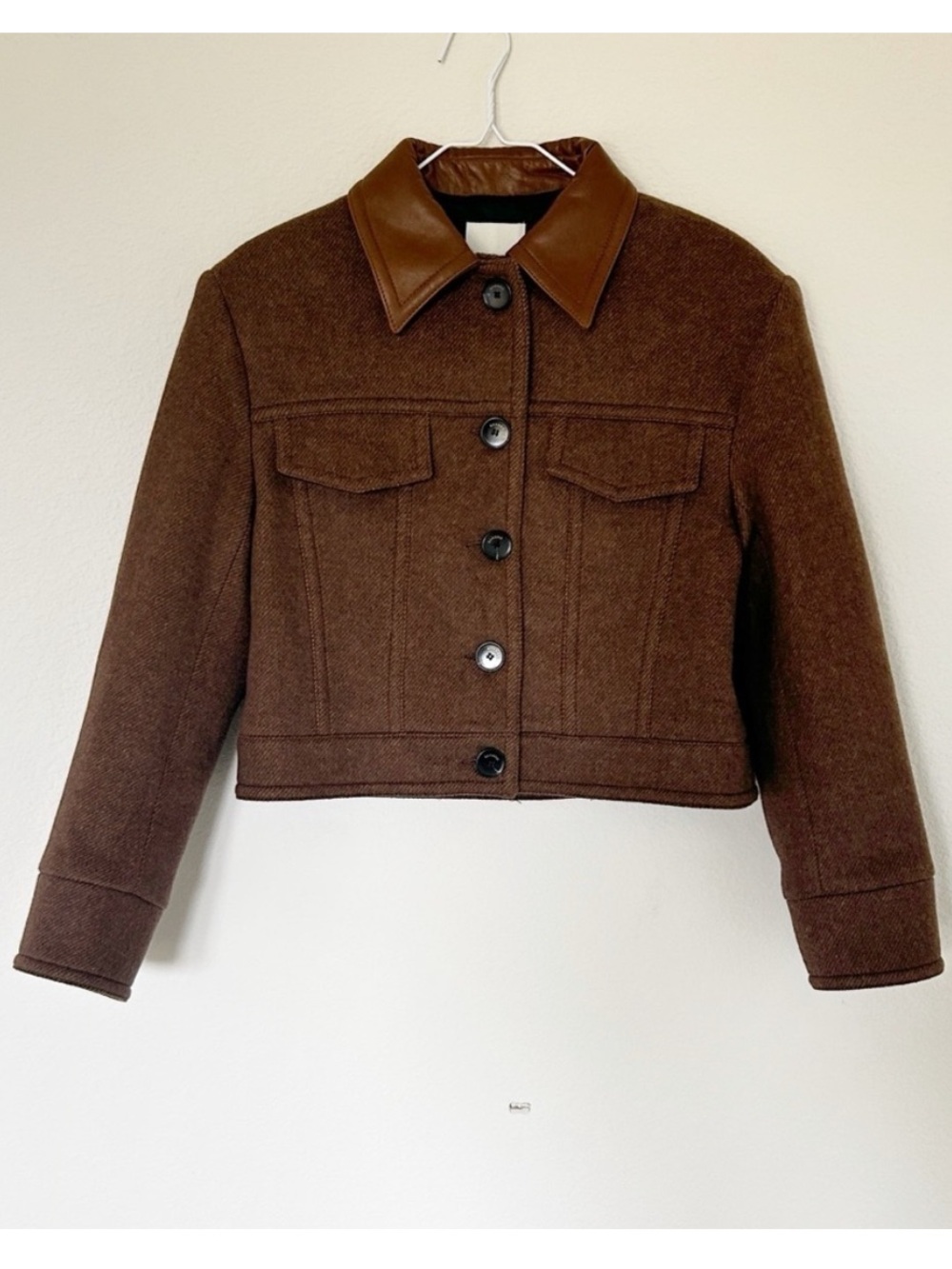 Sandro King Cropped Wool Twill Jacket Leather Collar - Picture 6 of 13